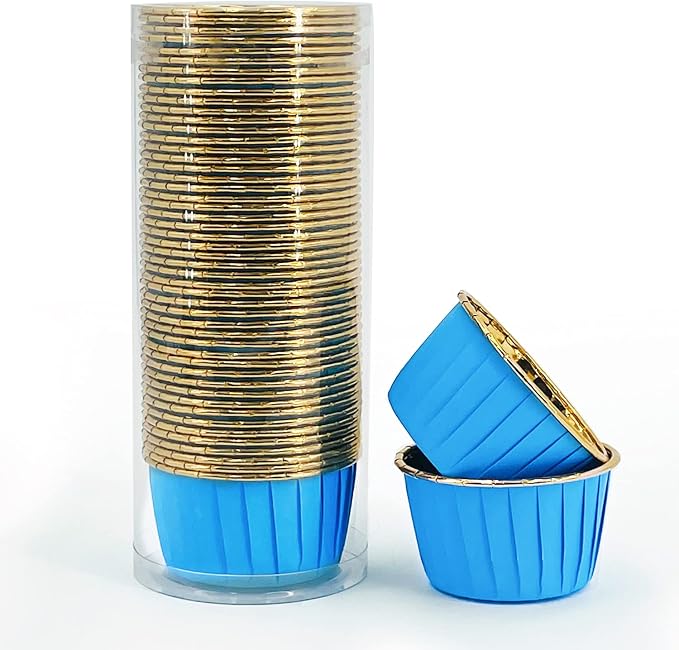Party Hippo Cupcake Cups, 3.5 Oz 50 pcs Disposable Foil Muffin Liners, Gold Baking Cups, Ramekin Aluminum Cupcake Tip Pan Ramekin Holders, Little Baking Cups (50, Blue) by PARTYHIPPO