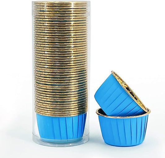 Party Hippo Cupcake Cups, 3.5 Oz 50 pcs Disposable Foil Muffin Liners, Gold Baking Cups, Ramekin Aluminum Cupcake Tip Pan Ramekin Holders, Little Baking Cups (50, Blue) by PARTYHIPPO
