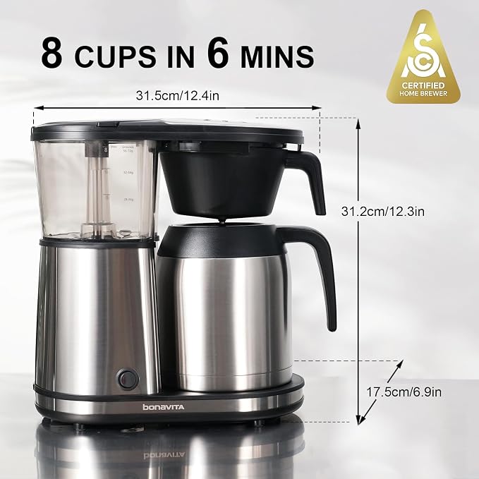 Bonavita 8 Cup Drip Coffee Maker Machine, One-Touch Pour Over, Auto Pause Brewing with Stainless Steel Double Wall Thermal Carafe, SCA Certified, Dishwasher Safe, BV1901TS | Stainless Steel Double Wall Thermal Carafe, SCA, Dishwasher Safe, BV1901TS - Image 2