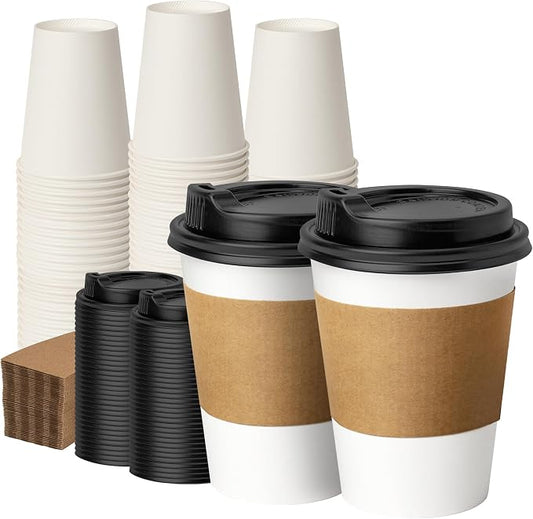 12 oz 100 Pack Coffee Cups with Lids and Sleeves, Hot Paper Coffee Cups with Lids, Disposable To Go Cups with Lid for Coffee, Tea, Hot Chocolate, Ideal for Cafes, Offices and Travel by VPACKDUO