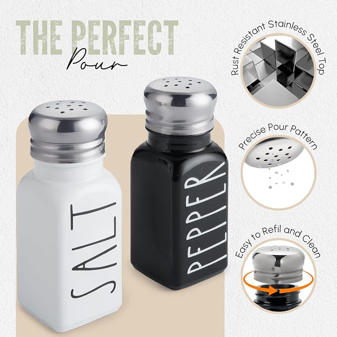 Salt and Pepper Shakers Set by Brighter Barns - Cute Modern Farmhouse Kitchen Decor for Home Restaurants Wedding - Gorgeous Vintage Glass Black White Shaker Sets with Stainless Steel Lids - Image 3