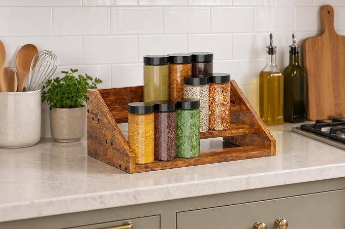 3 Tier Wood Spice Rack Organizer for Cabinet, Super Sturdy Display Riser Shelf Seasoning Organizer for Countertop Pantry Cupboard, Retro Storage Holder for Kitchen Condiment Jar Spice Container - Image 4