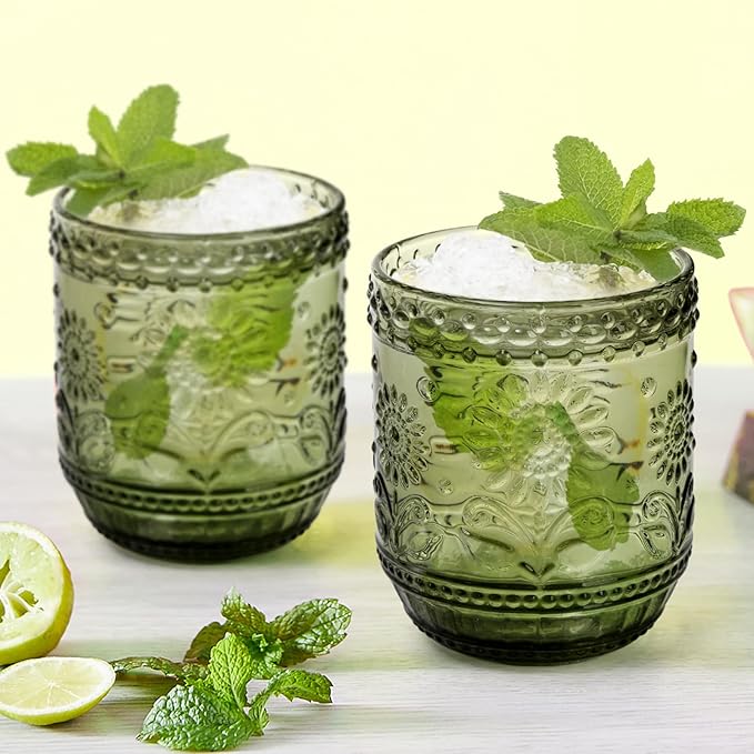 Hacaroa Set of 6 Vintage Drinking Glasses, 12 Oz Green Colored Glassware Floral Embossed Water Glasses, Decorative Beverages Tumblers for Cocktail, Whiskey, Beer - Image 6