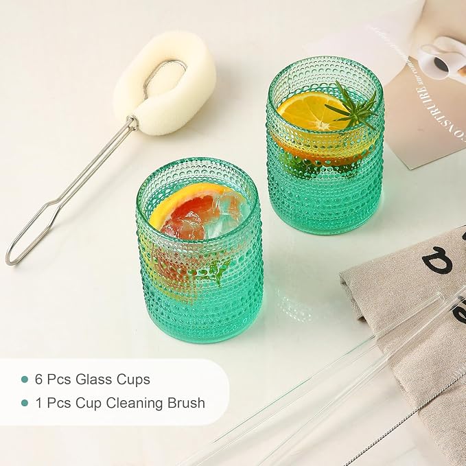 ZMOWIPDL Drinking Glasses Set of 6,12oz Lake Blue Hobnail Glass Cups | Vintage Glassware，Embossed Water Tumbler,for Beer,Cocktail,Whiskey,Juice and Various Mixed Drinks- 1 Cleaning Brush - Image 5