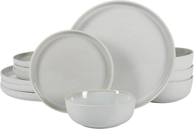 Gibson Elite Tahoe Sunset 12 Piece Stoneware Reactive Glaze (Service for 4) Ceramic Plates and Bowls Dinnerware Set - Cream White by GibsonHomewares