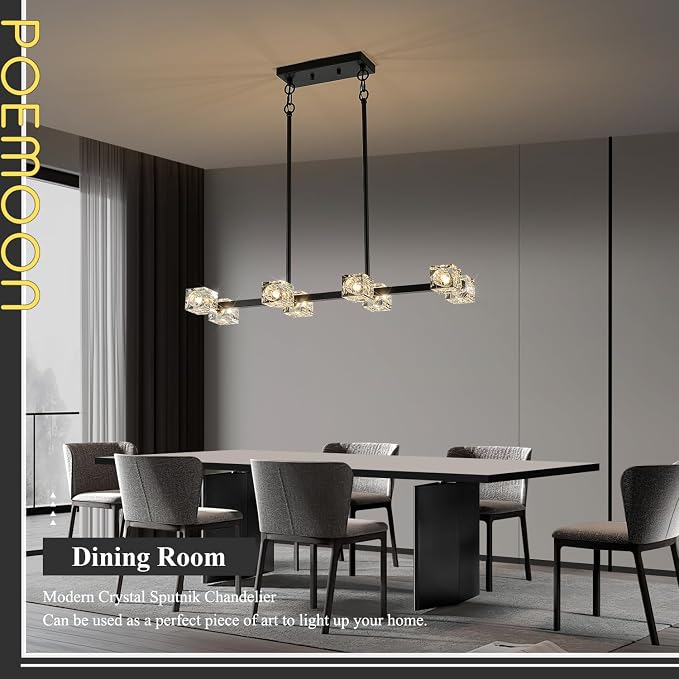 Black Gold Crystal Chandelier Modern 8-Light Sputnik Ceiling Pendant Lights L 31.5" Industrial Adjustable Hanging Light Fixture for Dining Room Kitchen Island Living Room Bar Over Table - Image 5
