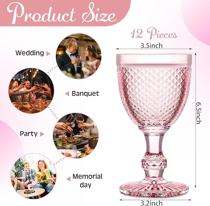 Bokon 12 Pack Pink Glass Goblets Set 10 oz High Clear Wine Glass Vintage Water Goblets Cups Embossed Diamond Design Glassware with Stem for Drinking Juice Liquor Party Wedding Bar - Image 2