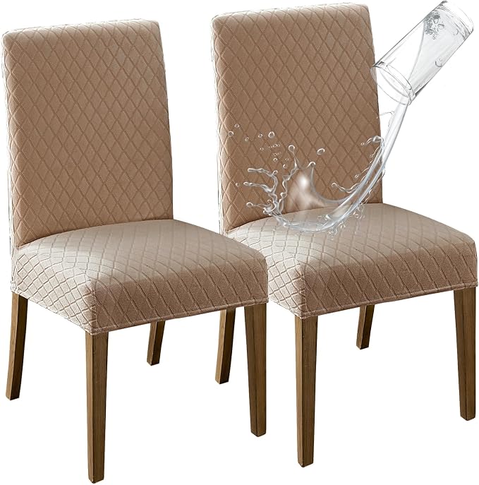 MOSAYT 100% Waterproof Dining Room Chair Covers Set of 2, Super Fit Stretch Jacquard Parson Chairs Slipcovers Removable Washable Chair Seat Protectors for Home, Kitchen, Banquet (Khaki) by MOSAYT
