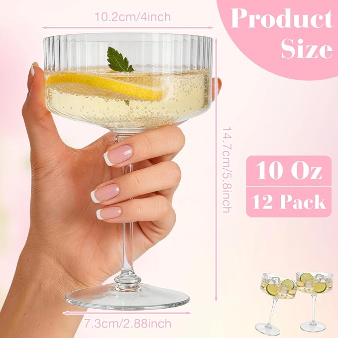 PLULON 12 Pcs Clear Martini Glasses Set 10 Oz Plastic Ribbed Coupe Glass, Cocktail Glasses Champagne Cup Tower Vintage Margarita Glassware for Cocktail Wine Bar Drinking Wedding Party Outdoor Events - Image 3