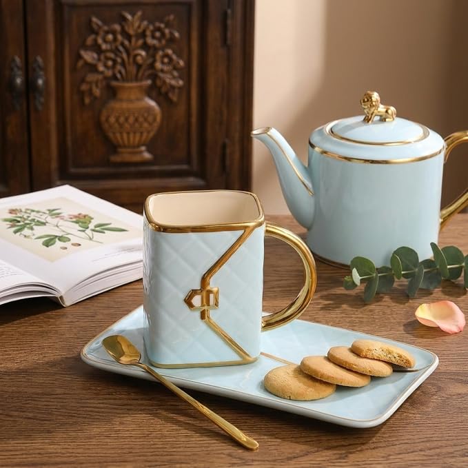 Purse Shaped Mug Set, 10 oz Ceramic Handbag Cup with Saucer & Spoon, Blue | Cute tea cup for women and men, with quilted details and gold-tone accents for espresso, office desks, home hosting and gifts - Image 5