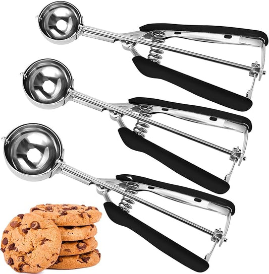 Cookie Scoop Set, Cookie Scoops for Baking Set of 3, Cookie Dough Scoop, 1 Tablespoon/ 2 Tablespoon/ 3 Tablespoon, Black Handle, For Cookie, Cupcake, Muffin, Ice Cream,Truffles