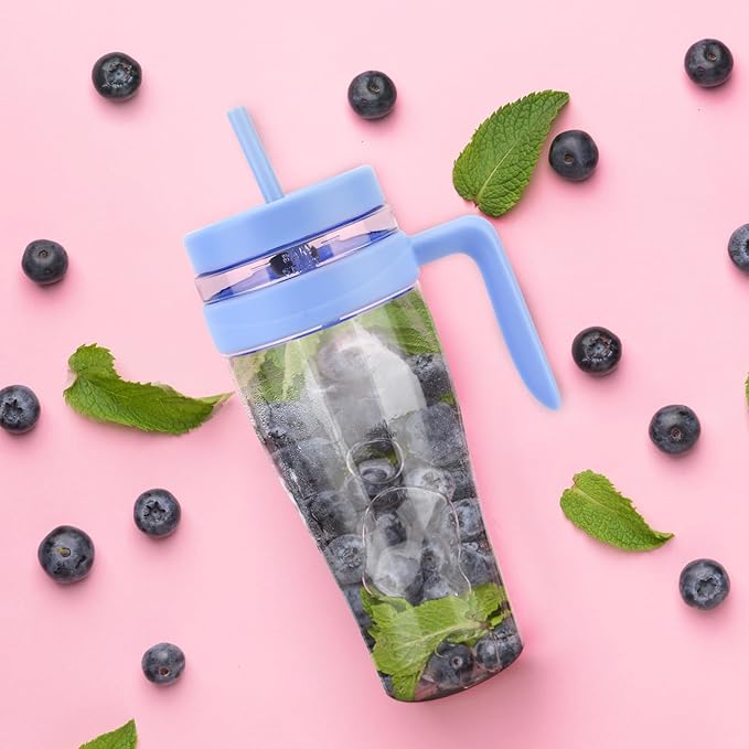 Hydraful 50 oz Tritan Plastic Tumbler with Lid and Straw and Handle - 100% Leak-Proof - Perfect for Iced Coffee, Smoothies, and Juice - Wide Mouth Reusable Water Bottle with Time Marker