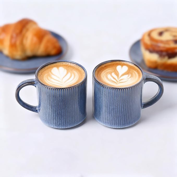 MONITO 16Oz Coffee Mugs Set of 4, Rustic Ceramic Coffee Cups Set with Large Handle, Vintage Striped Stoneware Coffee Mugs for Latte, Cocoa, Tea, Milk, Microwave & Dishwasher Safe, Deep Blue - Image 3