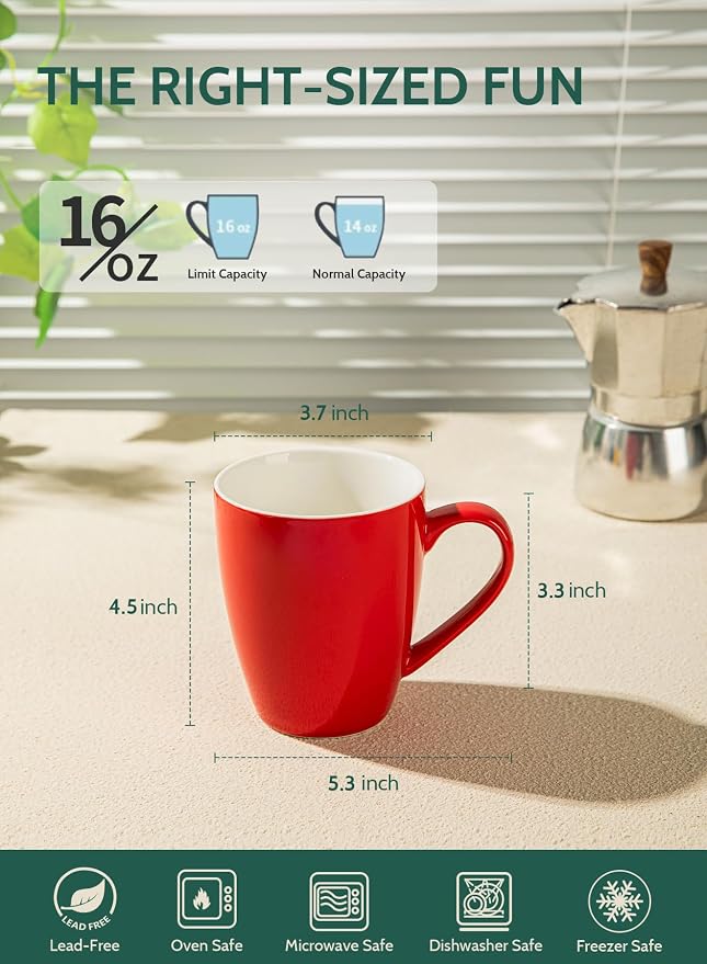 Sweese Porcelain Coffee Mugs - 16 Ounce (Top to the Rim) for Coffee, Latte, Tea, Cocoa, Set of 4, Red - Image 2