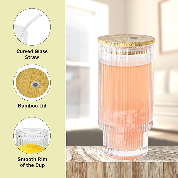 16oz Drinking Glasses Cups Set of 2 with Bamboo Lids Straws Brush Vintage Glassware Set for Mojito Iced Coffee Beer Cocktail Whiskey(Ribbed & Hobnail)