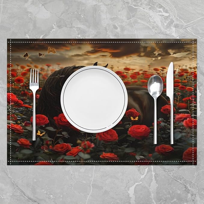 Feelyou Horse Placemats Set of 4, Galloping Horse Table Place Mats Rose Horse Placemat for Kids Toddler Black Horse Indoor Outdoor Decor Table Mats Kids Table Decor 18"x12" - Image 2