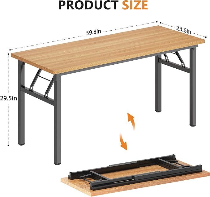 DlandHome 59.8 Inch Large Folding Computer Desk, Fully Assembled Teak Black | Foldable Writing Table, Portable Activity Conference Table for Home Office, Wood Top Metal Frame, Collapsible Easy Storage - Image 3