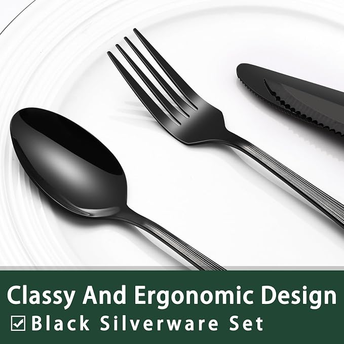 EWFEN 24-Piece Black Silverware Set with Steak Knives, Black Flatware Set for 4, Food-Grade Stainless Steel Tableware Cutlery Set, Mirror Finished Utensil Sets for Home Restaurant, Roman Column - Image 3
