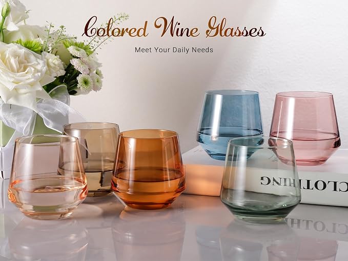 Stemless Wine Glasses Set 6【Colored Wine Glasses Stemless】 Multi Color Short Tumbler【14oz】 Colored Glassware for Wine or Soft Drinks,Unique Wine Gifts for Women Birthday Wedding - Image 2