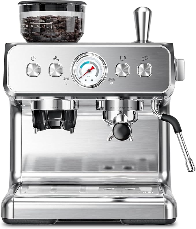 Kismile Espresso Machine with Grinder, 20 Bar Automatic Espresso Maker with Milk Frother Steam Wand, Removable Water Tank for Latte & Cappuccino, Professional Coffee Machine for Home