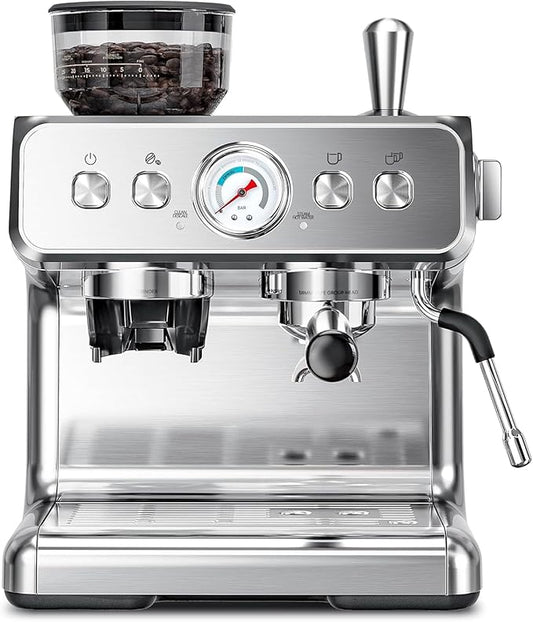 Kismile Espresso Machine with Grinder, 20 Bar Automatic Espresso Maker with Milk Frother Steam Wand, Removable Water Tank for Latte & Cappuccino, Professional Coffee Machine for Home