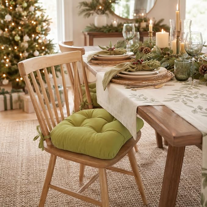 Barnett Home Decor Extra-Thick Dining Chair Pad with Ties - Solid Color Cotton Duck - Reversible, Latex Fill, Tufted Cushion - Pear Green - Image 4