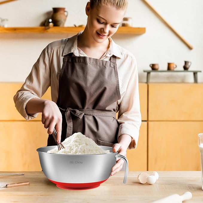 Suction Mixing Bowl SUS304 Stainless Steel w/Non-Slip Silicone Suction Cups Base, Egg Beating Bowls with Handle Baking Bowl Tool for Cooking Baking Prepping Food Storage Batter Bowl Deepen
