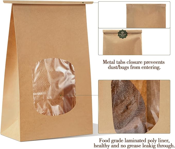 Tenare 50 Pieces Bakery Bag with Window Kraft Paper Bag 6.1 x 2.76 x 9.5 in | Christmas Tin Tie Tab Lock and 60 Pieces Handmade Label Seal Stickers Window for Xmas Coffee Cookie Treat - Image 4