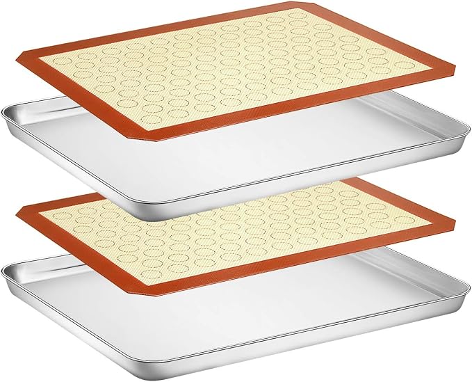 Wildone Baking Sheet with Silicone Mat Set, Stainless Steel Cookie Pan with Baking Mat, Size 16 x 12 x 1 Inch, Set of 4-2 Sheets + 2 Mats by Wildone