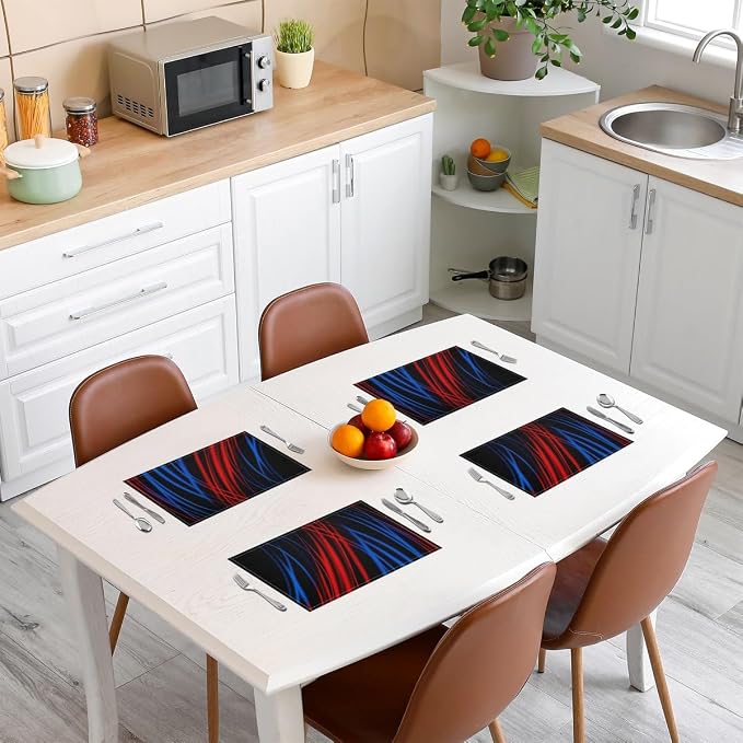 Feelyou Red Blue Stripes Placemat for Kitchen Dining Table Decor Indoor Outdoor 18"x12" Ombre Red Blue Black Placemats Set of 4 forChildren Abstract Table Place Mats, Set Modern Art - Image 3