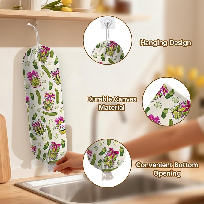 Pickle Plastic Bag Holder Dispenser, Plastic Grocery Bag Organizer & Wall Mount Paper Trash Bags Saver Storage for Kitchen Home Pantry Decor, Pickle Kitchen Decor Shopping Bags Storage Dispenser - Image 3