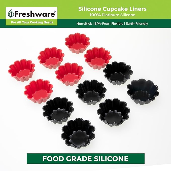 Freshware Cupcake Liners, Pack of 12 Silicone Muffin Cups, 3 Inch Baking Cups, Reusable & Non-stick Cupcake Liners for Party Halloween Christmas, Flower