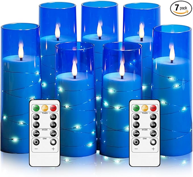 Flameless Candles,with Embedded Star String, Battery Operated Candles Flickering LED Pillar Candles with Remote Control and Timer, Home Decoration Add a Warm and Romantic Atmosphere，Set of 7 (Blue) by sasigeiaa