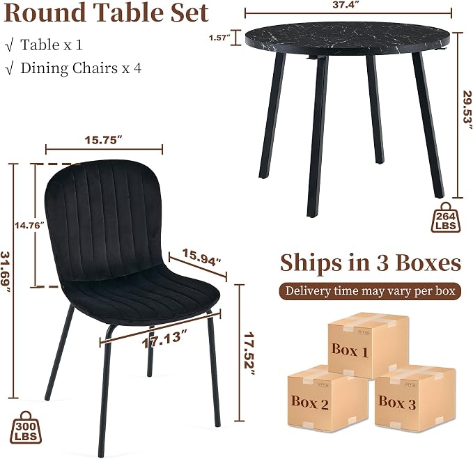 Small Round Dining Table Set for 4 People, 37" Modern Kitchen Table | 5-Piece Set, Faux Black Marble MDF table, 4 Black Velvet Chairs, Easy Assembly, Space-saving, Fits Small Dining Room - Image 3
