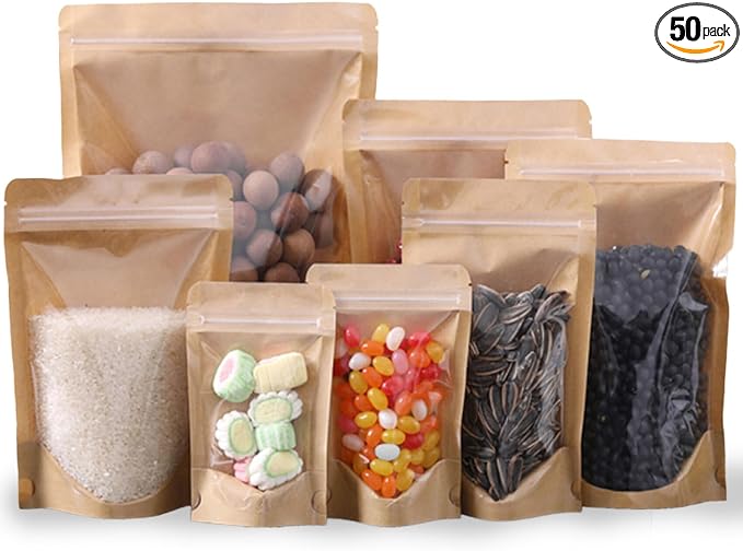 50pcs Kraft Bags With Window Clear Fornt Pouches Resealable Stand Up Zip Lock Food Storage Bags Brown 7"x10" by HIBCIGA