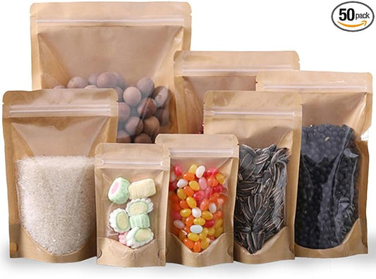 50pcs Kraft Bags With Window Clear Fornt Pouches Resealable Stand Up Zip Lock Food Storage Bags Brown 10"x14" by HIBCIGA
