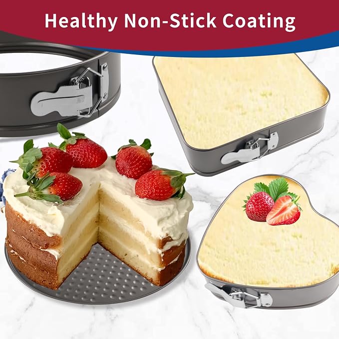 Springform Cake Pans Set 8, 9,10 Inch Heart Pan Round Cake Pan Square Baking Nonstick Cheesecake Pans Springform Pans with 100 Pcs Piping Bags, 16 Pcs Nozzles, 3 Pcs Scrappers - Image 6