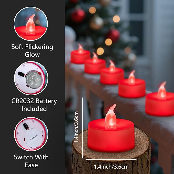 Tea Lights Battery Operated Candles LED Tea Lights Flameless Candles 200+ Hours Flickering Fake Tealights for Sweetest Day Wedding Home Decorations Party (Red Base, 12 Pack) - Image 3
