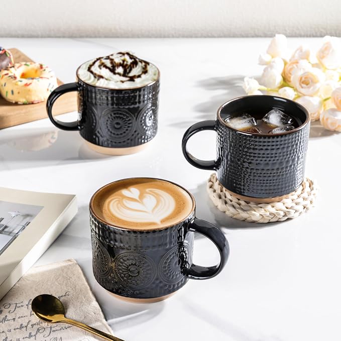 GBhome 12OZ Stackable Coffee Mugs, Ceramic Coffee Mugs with Texture Patterns for Man,Woman,Dad,Mom, Modern Coffee Mugs Set of 4 for Latte/Cappuccino/Cocoa. Dishwasher&Microwave Safe - Image 5