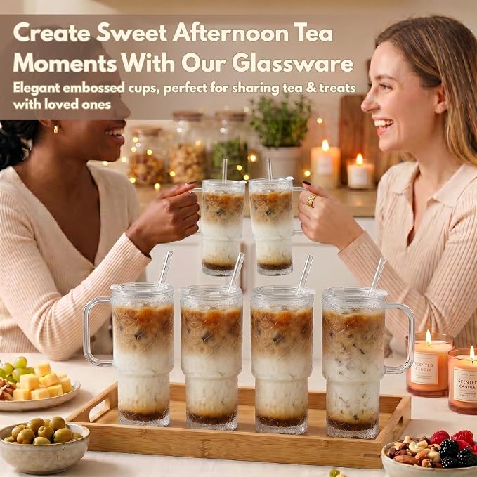 20 oz Glass Tumbler with Lid and Straw, Glass Iced Coffee Cups, Spill-proof Glasses Tumbler with Handle, Hobnail Glasses Drinking Set of 2, Vintage Glassware for Cocktail, Juice, Smoothies - Image 3