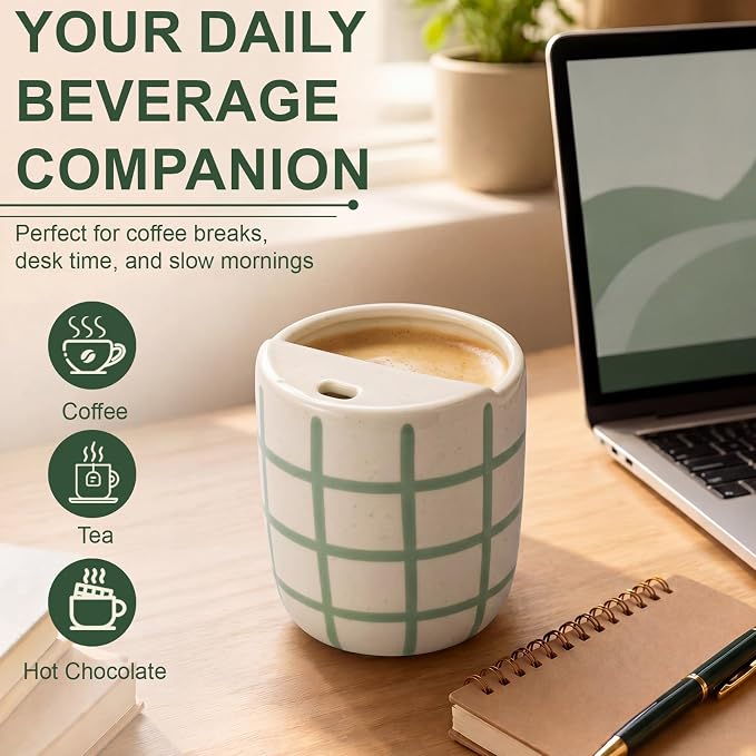 Ceramic Coffee Mug with Sip Hole 10 oz Novelty Checkered Coffee Cup Retro Hand Painted Ceramic Tea Travel Mug Cappuccino Latte Cup for Kitchen Dining Travel, Microwave & Dishwasher Safe - Image 4