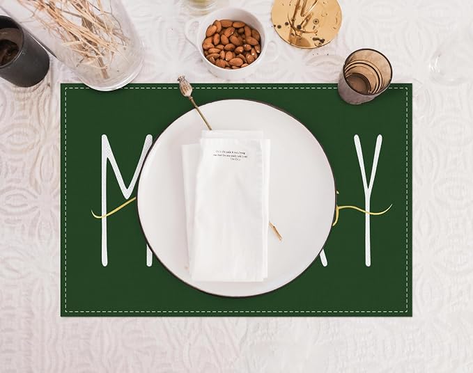 ONWAY Merry Christmas Gold Placemats 12x18 Inch Set of 4 Xmas Winter Holiday Place Mats for Home Party Kitchen Dining Table Decorations Green - Image 2