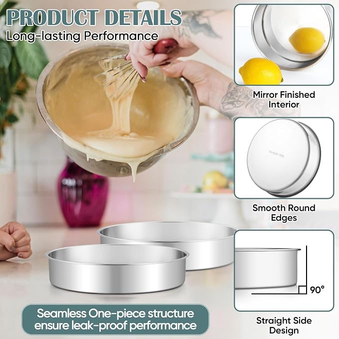 TeamFar 9 Inch Cake Pan, Stainless Steel Round Layer Cake Baking Pan | Baking Tin for Birthday Wedding, Non-Toxic & Heavy-Duty, Mirror Finish & Leak Proof, Oven & Dishwasher Safe - Image 5