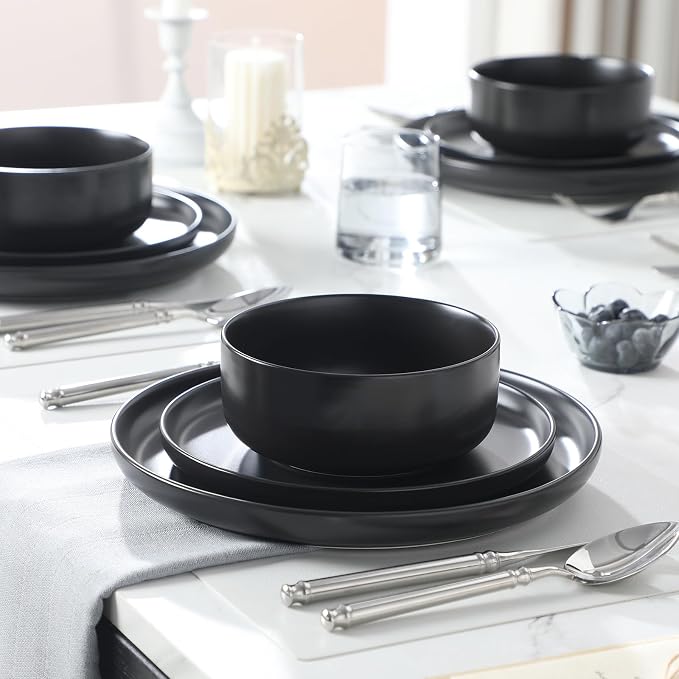 MALACASA 12 Pcs Porcelain Plates and Bowls Sets,Dinnerware Set for 4,Black | Modern Ceramic Dishware Set,Kitchen Dining Ware,Microwave and Dishwasher Safe,Simple Matt Black Design,Series LUNA - Image 5