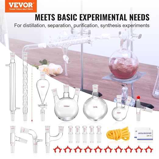 VEVOR Lab Distillation Kit, 3.3 Boro Lab Glassware Distillation Kit with 24, 40 Joint, 1000ml Essential Oil Distillation Apparatus Kit, 29 pcs Set of Glassware Equipment - Image 2