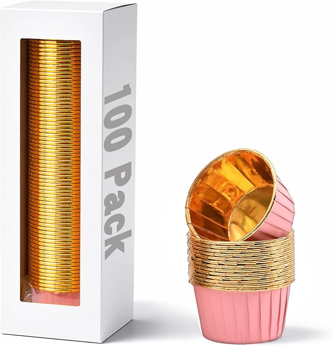 Party Hippo Cupcake Cups, 3.5 Oz 100 pcs Disposable Foil Muffin Liners, Gold Baking Cups, Ramekin Aluminum Cupcake Tip Pan Ramekin Holders, Little Baking Cups (100, Pink) by PARTYHIPPO