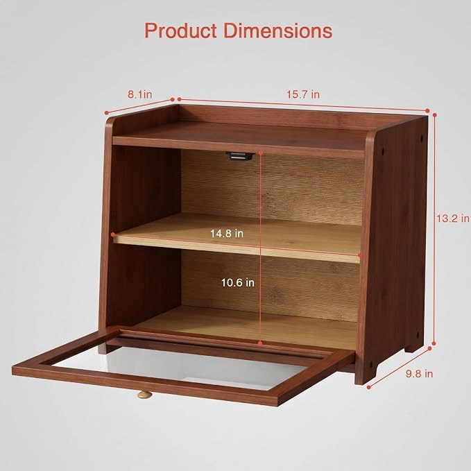 Goozii 2 Tier Bread Box for Kitchen Countertop, Double Layer Breadbox | Dark Brown Bamboo Wood | Storage Cabinet for Homemade Bread | Wooden Walnut - Image 4