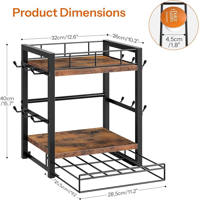 HOOBRO Coffee Mug Cup Holder, Tree Bar Station Organizer for Countertop, 12 Hooks Mug Stand Rack with Sliding Drawer for 30 K-Cup Pods, 2 Tier Mug Display Stand, Rustic Brown and Black BF11TL01 - Image 3