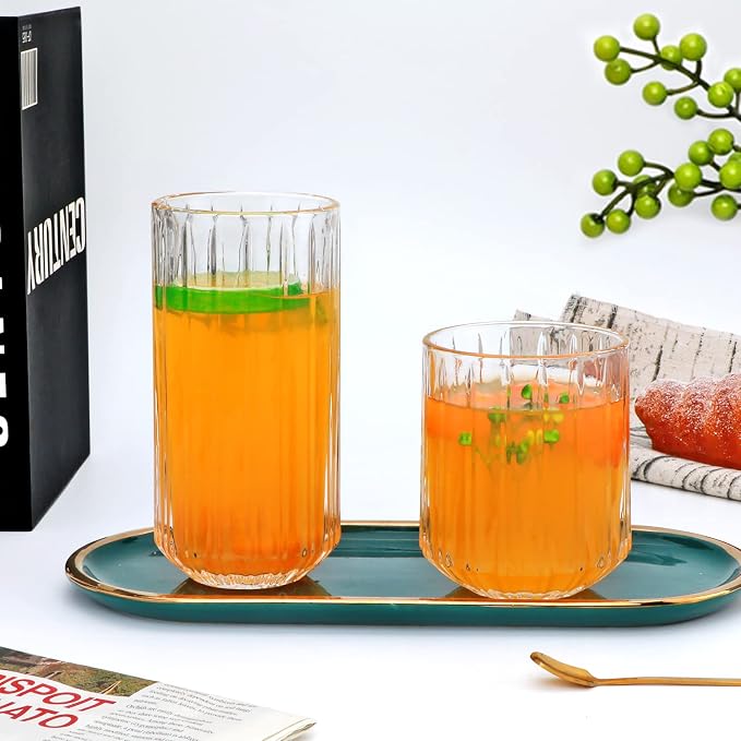 QAPPDA Highball Glasses Set of 12,Vintage Ribbed 13oz Drinking Glasses,Origami Style Glass Cups Everyday Glassware for Cocktail,Whiskey,Juice,Water | Origami Style Glass Cups Everyday Glassware for Cocktail,Whiskey,Juice,Water - Image 5