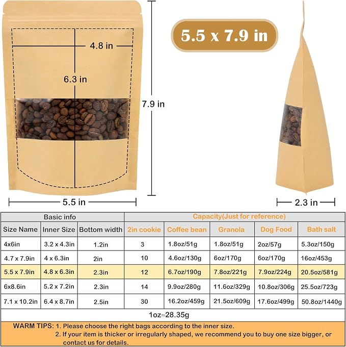 50 Pack Kraft Paper Resealable Bags with Clear Window (5.5 X 7.9 Inches) | Heat Sealable Stand Up Pouch Bags with Tear Notches for Small Business, Spices, Granola Storage - Image 2